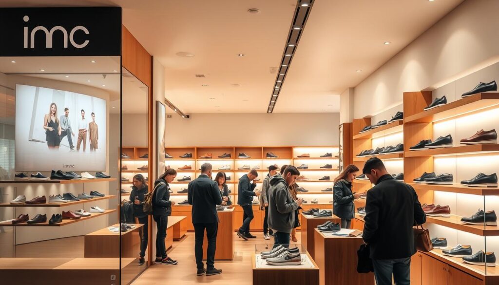 A modern, well-lit imac shoe store, showcasing a range of stylish and comfortable footwear. The storefront features large windows displaying the latest imac shoe designs, with a warm, inviting atmosphere. The interior is clean and minimalist, with wooden shelves and sleek display cases highlighting the quality craftsmanship of the shoes. Customers are browsing the selection, examining the materials and trying on different styles. The lighting is soft and flattering, creating an atmosphere of high-end retail. The overall scene conveys a sense of sophistication, attention to detail, and the brand's commitment to providing a premium shopping experience. A modern, well-lit imac shoe store, showcasing a range of stylish and comfortable footwear. The storefront features large windows displaying the latest imac shoe designs, with a warm, inviting atmosphere. The interior is clean and minimalist, with wooden shelves and sleek display cases highlighting the quality craftsmanship of the shoes. Customers are browsing the selection, examining the materials and trying on different styles. The lighting is soft and flattering, creating an atmosphere of high-end retail. The overall scene conveys a sense of sophistication, attention to detail, and the brand's commitment to providing a premium shopping experience.
