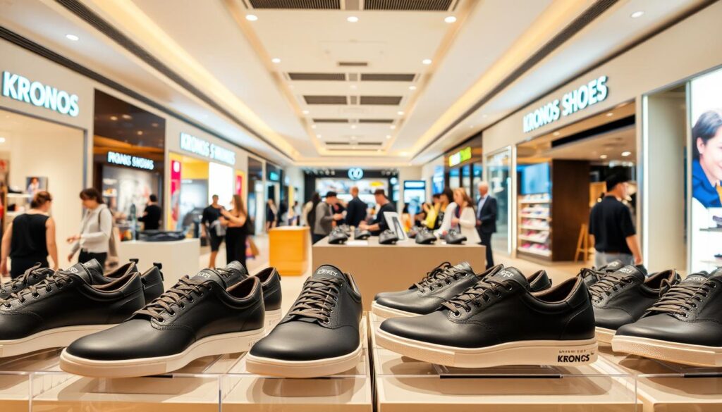 A modern, well-lit shopping mall interior, with a prominent display of Kronos brand shoes in the foreground. The shoes are arranged neatly on shelves, showcasing their sleek, minimalist design and high-quality materials. The middle ground features customers browsing and interacting with store associates, creating a sense of an active shopping experience. In the background, other retail stores and signage are visible, suggesting a diverse and vibrant shopping environment. The lighting is warm and inviting, casting a soft glow over the scene and enhancing the overall atmosphere of the image. A modern, well-lit shopping mall interior, with a prominent display of Kronos brand shoes in the foreground. The shoes are arranged neatly on shelves, showcasing their sleek, minimalist design and high-quality materials. The middle ground features customers browsing and interacting with store associates, creating a sense of an active shopping experience. In the background, other retail stores and signage are visible, suggesting a diverse and vibrant shopping environment. The lighting is warm and inviting, casting a soft glow over the scene and enhancing the overall atmosphere of the image.