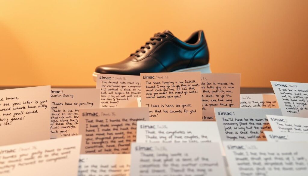 A neatly organized display of customer reviews for the Imac brand of shoes, captured in a well-lit and high-resolution photograph. The foreground showcases a collection of handwritten testimonials on notecards, each offering a thoughtful perspective on the product's comfort, style, and overall quality. The middle ground features a prominently placed Imac shoe model, its sleek design and craftsmanship evident. The background subtly blends a warm, neutral-toned environment, creating a sense of professionalism and trustworthiness. The lighting is soft and diffused, highlighting the materials and textures of the shoes and reviews. The camera angle is slightly elevated, providing a comprehensive view of the display and conveying a sense of authority and credibility. A neatly organized display of customer reviews for the Imac brand of shoes, captured in a well-lit and high-resolution photograph. The foreground showcases a collection of handwritten testimonials on notecards, each offering a thoughtful perspective on the product's comfort, style, and overall quality. The middle ground features a prominently placed Imac shoe model, its sleek design and craftsmanship evident. The background subtly blends a warm, neutral-toned environment, creating a sense of professionalism and trustworthiness. The lighting is soft and diffused, highlighting the materials and textures of the shoes and reviews. The camera angle is slightly elevated, providing a comprehensive view of the display and conveying a sense of authority and credibility.