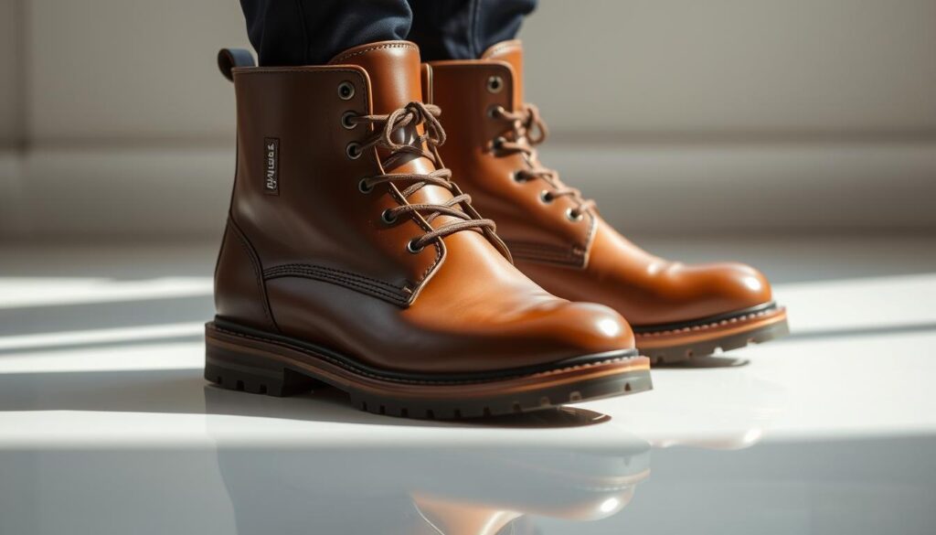 A pair of high-quality Waldlaufer boots, crafted with premium materials and exceptional attention to detail. The smooth, full-grain leather upper gleams under the soft, natural lighting, complemented by the sturdy, treaded sole that promises reliable traction. The sleek, minimalist design exudes understated elegance, with subtle branding accents that add a touch of refinement. The boots are positioned on a clean, reflective surface, allowing the craftsmanship and quality to be fully appreciated. The overall scene conveys a sense of durability, comfort, and the brand's commitment to providing footwear that blends style and functionality.