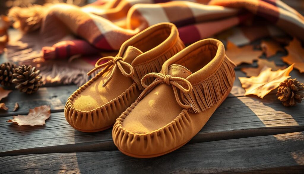 A pair of iconic Minnetonka moccasins resting on a rustic wooden surface, surrounded by natural elements like fallen leaves, pine cones, and a cozy blanket. The moccasins are crafted from soft, supple suede in a warm, earthy tone, their fringed detailing gently swaying in a gentle breeze. Warm, golden lighting casts a comfortable, inviting glow, highlighting the high-quality construction and timeless design that have made Minnetonka a beloved footwear brand for generations. The overall scene conveys a sense of comfort, tradition, and the great outdoors, reflecting the appeal and versatility of choosing Minnetonka as your footwear.