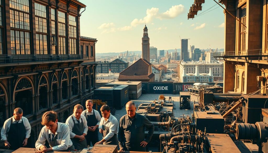 A panoramic view of a historic factory building, its facade adorned with intricate architectural details and large windows that let in natural light. In the foreground, a group of workers in traditional uniforms are engaged in the manufacturing process, their expressions conveying a sense of pride and diligence. The middle ground showcases the evolution of the company, with modern equipment and technology seamlessly integrated into the vintage setting. In the background, a bustling urban landscape hints at the brand's growth and influence over the years. The lighting is warm and inviting, casting a golden glow that emphasizes the craftsmanship and heritage of the Oxide brand. The overall atmosphere is one of timeless elegance, industrial prowess, and a steadfast commitment to quality. A panoramic view of a historic factory building, its facade adorned with intricate architectural details and large windows that let in natural light. In the foreground, a group of workers in traditional uniforms are engaged in the manufacturing process, their expressions conveying a sense of pride and diligence. The middle ground showcases the evolution of the company, with modern equipment and technology seamlessly integrated into the vintage setting. In the background, a bustling urban landscape hints at the brand's growth and influence over the years. The lighting is warm and inviting, casting a golden glow that emphasizes the craftsmanship and heritage of the Oxide brand. The overall atmosphere is one of timeless elegance, industrial prowess, and a steadfast commitment to quality.