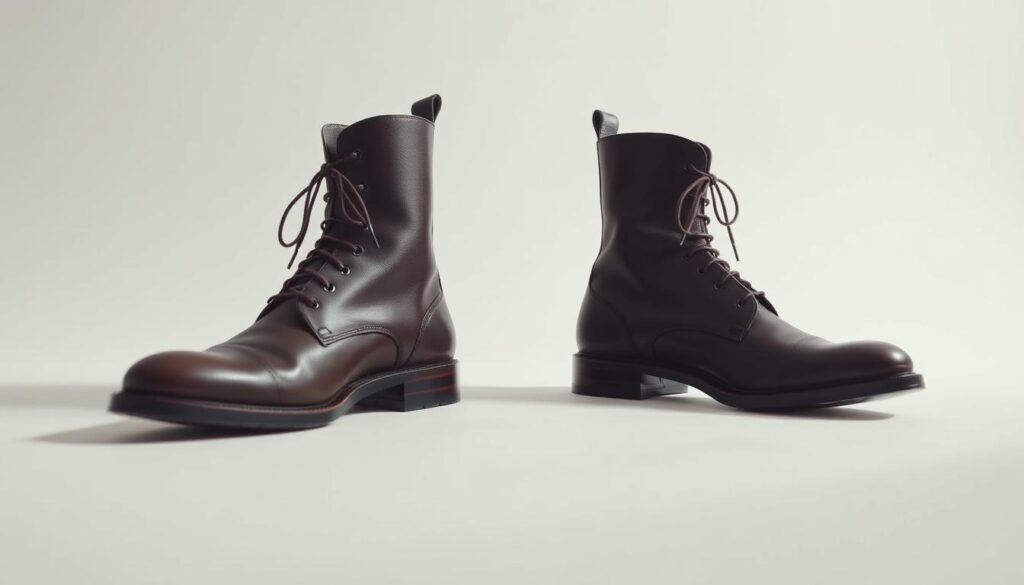 A pristine studio shot of a pair of Trezeta boots, capturing the essence of their "tradition and modernity" philosophy. The boots are showcased against a clean, minimalist background, with soft, natural lighting accentuating their refined leather construction and sleek silhouette. The image conveys a sense of timeless elegance and craftsmanship, blending classical design elements with a contemporary, understated aesthetic. The camera angle is carefully chosen to highlight the intricate details and quality materials used in the boots' manufacture, inviting the viewer to appreciate the brand's commitment to time-honored shoemaking techniques and innovative design. A pristine studio shot of a pair of Trezeta boots, capturing the essence of their "tradition and modernity" philosophy. The boots are showcased against a clean, minimalist background, with soft, natural lighting accentuating their refined leather construction and sleek silhouette. The image conveys a sense of timeless elegance and craftsmanship, blending classical design elements with a contemporary, understated aesthetic. The camera angle is carefully chosen to highlight the intricate details and quality materials used in the boots' manufacture, inviting the viewer to appreciate the brand's commitment to time-honored shoemaking techniques and innovative design.