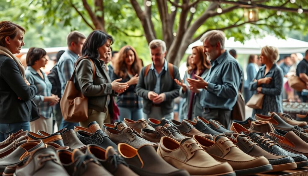 A serene, well-lit outdoor scene showcasing a group of people of diverse ages and backgrounds engaged in lively discussions about their experiences with Verano brand shoes. The foreground features an inviting display of various Verano shoe models, with customers closely examining the craftsmanship and fit. The middle ground captures the energy of the conversation, with customers gesturing animatedly and sharing their opinions. The background depicts a cozy, naturalistic setting, such as a bustling marketplace or a tranquil park, to create a sense of warmth and community. The lighting is soft and diffused, highlighting the natural tones and textures of the shoes and the people. The overall composition conveys a sense of authenticity, transparency, and a genuine exchange of customer feedback about the Verano brand.