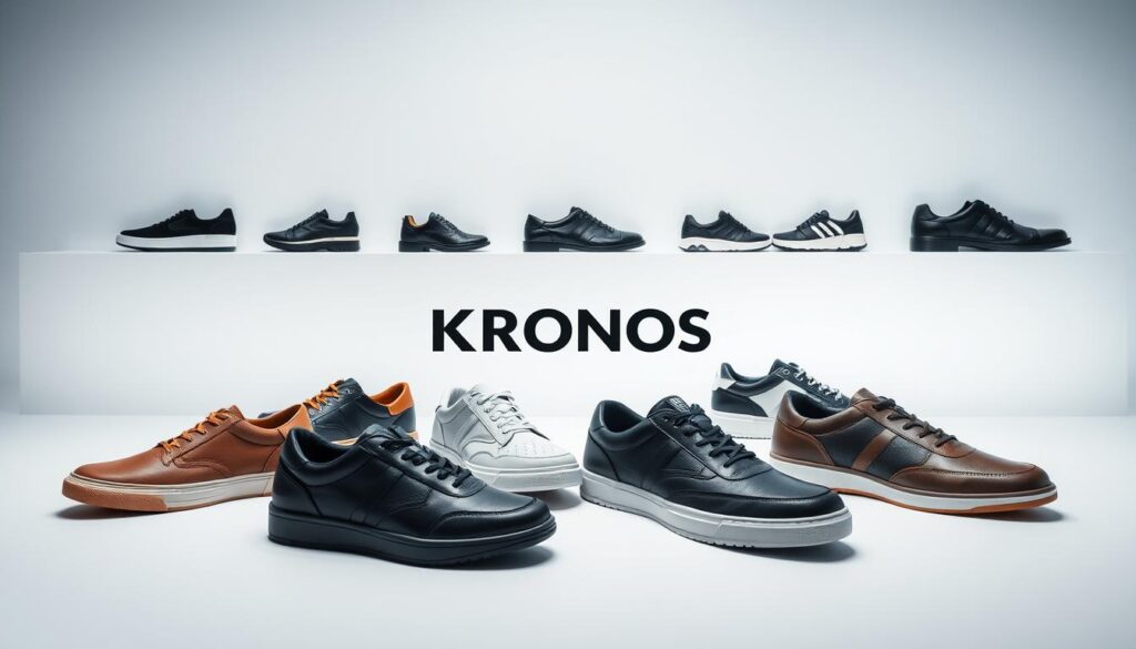 A showcase of the diverse footwear offerings from the Kronos brand, presented in a clean, well-lit studio setting. The camera captures the products from a low, slightly elevated angle, highlighting their sleek designs and premium materials. The foreground features a central arrangement of various Kronos shoe models, including casual sneakers, formal dress shoes, and sporty athletic styles, all displayed against a plain, neutral background. The middle ground includes additional product shots from different angles, while the background suggests a sense of minimalist elegance through subtle shadowing and subtle gradients. The overall composition conveys the quality, versatility, and attention to detail that characterize the Kronos brand's footwear collection. A showcase of the diverse footwear offerings from the Kronos brand, presented in a clean, well-lit studio setting. The camera captures the products from a low, slightly elevated angle, highlighting their sleek designs and premium materials. The foreground features a central arrangement of various Kronos shoe models, including casual sneakers, formal dress shoes, and sporty athletic styles, all displayed against a plain, neutral background. The middle ground includes additional product shots from different angles, while the background suggests a sense of minimalist elegance through subtle shadowing and subtle gradients. The overall composition conveys the quality, versatility, and attention to detail that characterize the Kronos brand's footwear collection.