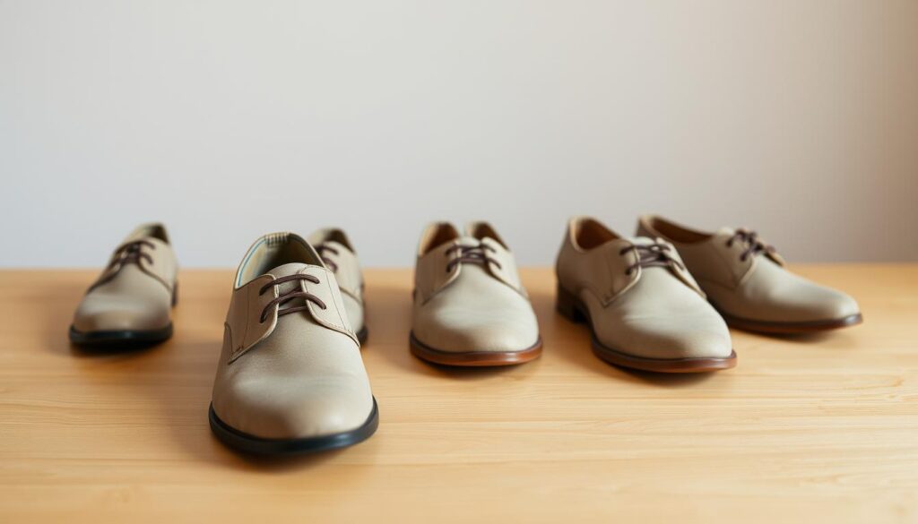 A simple, minimalist display of a selection of plain, unadorned shoes arranged on a clean, well-lit wooden surface. The shoes are shown from a slightly elevated, front-on perspective, allowing the viewer to clearly see their simple, straightforward design. The lighting is soft and diffused, creating a warm, inviting atmosphere that emphasizes the understated elegance of the footwear. The background is a neutral, muted tone, keeping the focus squarely on the shoes themselves. The overall impression is one of simplicity, quality, and timeless style.