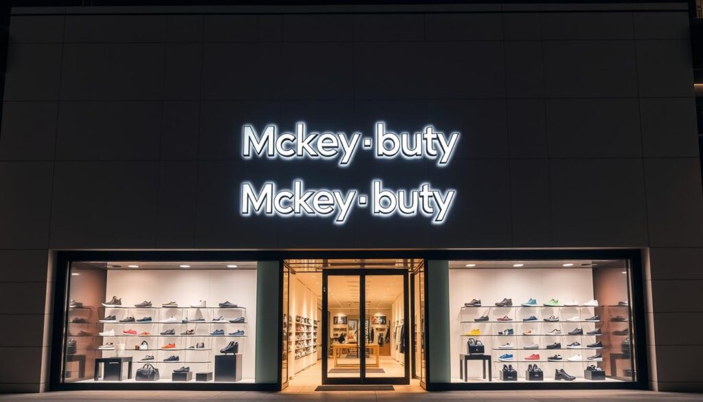 A sleek and modern shoe store facade, featuring the bold "Mckey buty" logo prominently displayed in a clean, minimalist design. The storefront is illuminated by soft, warm lighting, creating an inviting atmosphere. The entrance is flanked by large display windows showcasing the latest shoe collections, arranged artfully to highlight the brand's style and quality. The building has a contemporary, slightly angular architecture, with clean lines and a neutral color palette of grays and whites. The overall impression is one of sophistication, attention to detail, and a brand that values both fashion and functionality. A sleek and modern shoe store facade, featuring the bold "Mckey buty" logo prominently displayed in a clean, minimalist design. The storefront is illuminated by soft, warm lighting, creating an inviting atmosphere. The entrance is flanked by large display windows showcasing the latest shoe collections, arranged artfully to highlight the brand's style and quality. The building has a contemporary, slightly angular architecture, with clean lines and a neutral color palette of grays and whites. The overall impression is one of sophistication, attention to detail, and a brand that values both fashion and functionality.