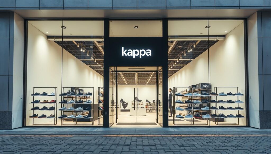 A sleek and modern storefront with the Kappa logo prominently displayed in the center. The facade is composed of clean, minimalist lines and large glass panels that allow natural light to flood the interior. The entrance is flanked by hanging display racks showcasing the latest Kappa shoe designs, each pair highlighted by subtle but effective studio lighting. The pavement in front is neatly paved, leading the viewer's eye towards the welcoming entry. Overall, the scene conveys a sense of quality, style, and the brand's commitment to contemporary design. A sleek and modern storefront with the Kappa logo prominently displayed in the center. The facade is composed of clean, minimalist lines and large glass panels that allow natural light to flood the interior. The entrance is flanked by hanging display racks showcasing the latest Kappa shoe designs, each pair highlighted by subtle but effective studio lighting. The pavement in front is neatly paved, leading the viewer's eye towards the welcoming entry. Overall, the scene conveys a sense of quality, style, and the brand's commitment to contemporary design.