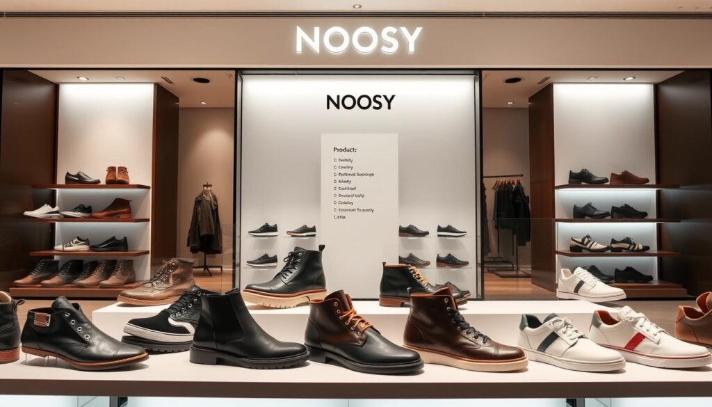 A sleek, modern online store showcasing a diverse collection of stylish Noosy brand shoes. The storefront is minimalist and inviting, with clean lines, neutral tones, and bold typography. In the foreground, a perfectly lit display of various Noosy boot and sneaker models, each crafted with high-quality materials and attention to detail. The middle ground features a minimalist product navigation menu, while the background hints at a serene, distraction-free browsing experience for the discerning online shopper. The overall mood is one of sophistication, convenience, and a celebration of the Noosy brand's commitment to contemporary design and functionality.