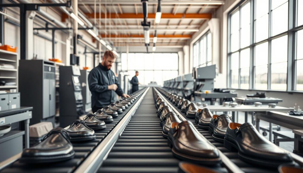 A sleek, modern shoe manufacturing facility against a backdrop of industrial architecture. In the foreground, a conveyor belt transports rows of meticulously crafted leather Dasia shoes, showcasing the brand's attention to detail and quality craftsmanship. The middle ground features technicians diligently overseeing the production process, their expressions focused as they ensure each pair meets the company's high standards. In the background, large windows flood the space with natural light, illuminating the clean, efficient layout of the factory floor. The overall atmosphere conveys a sense of pride, professionalism, and the brand's commitment to its Polish heritage and manufacturing excellence.