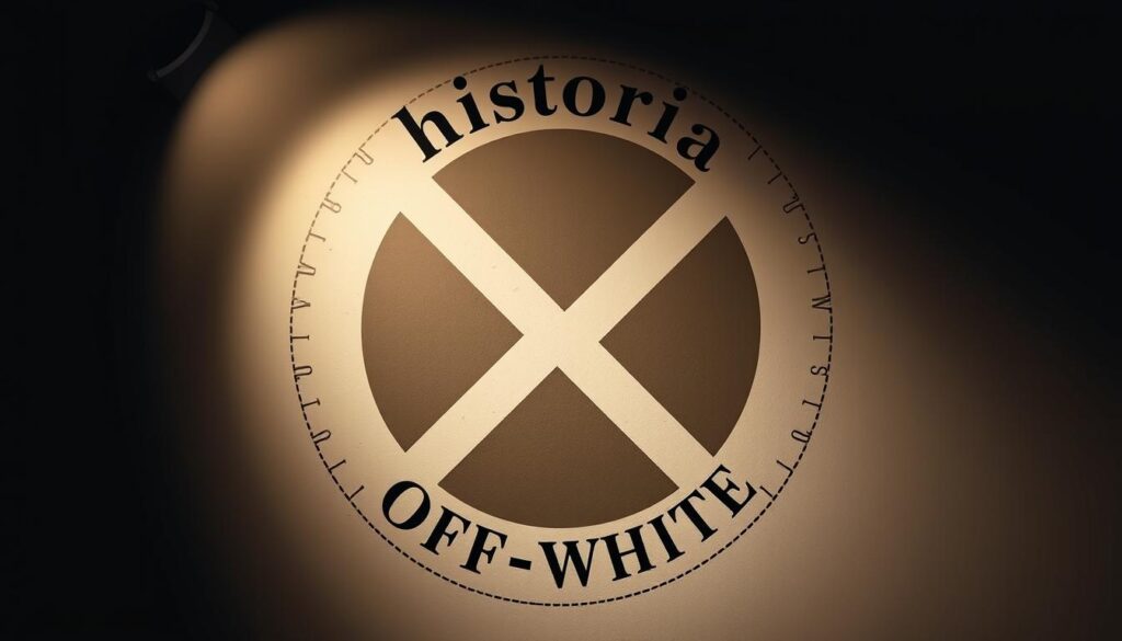 A striking fashion house logo in the style of a vintage stamp or emblem, featuring the words "historia Off-White" in an elegant, serif typeface. The central design showcases the iconic OFF-WHITE diagonal stripes in a muted, earthy palette, evoking a sense of heritage and craftsmanship. The composition is framed by a distressed, textured border that creates an aged, timeless aesthetic. Subtle lighting from the top left casts dramatic shadows, adding depth and dimension to the design. The overall mood is one of sophisticated minimalism, reflective of the brand's aesthetic.