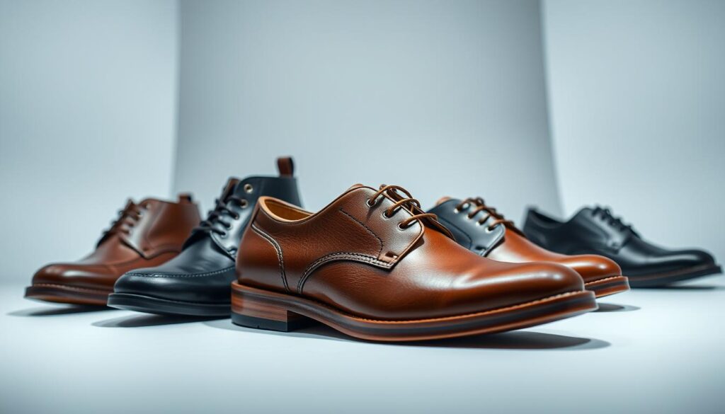 A stylish and meticulously crafted collection of Victory footwear against a minimalist, well-lit studio backdrop. The camera captures a close-up view, showcasing the premium leather construction, intricate stitching, and sleek silhouettes of various Victory shoe models. The lighting casts soft, flattering shadows that accentuate the elegant lines and contours of the designs. The overall mood is one of sophistication, quality, and attention to detail - reflecting the brand's reputation for producing high-end, durable, and fashionable footwear.