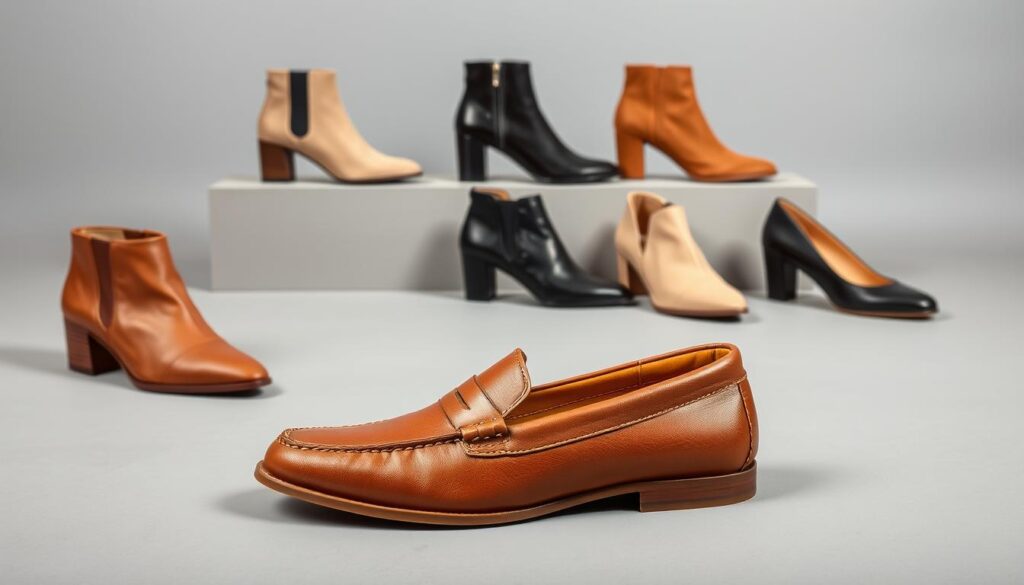 A stylish arrangement of the latest Mexx shoe collection, showcased against a minimalist backdrop. In the foreground, an elegant pair of leather loafers in a rich cognac hue takes center stage, their clean lines and subtle branding reflecting the brand's trademark sophisticated aesthetic. In the middle ground, a variety of ankle boots and pumps in neutral tones like beige and black are displayed, their simple yet refined designs hinting at Mexx's commitment to timeless, versatile footwear. The background features a softly lit, muted gray setting, allowing the shoes to be the focal point and emphasizing their quality craftsmanship. The overall composition conveys a sense of modern elegance and refined, understated style that is characteristic of the Mexx brand.