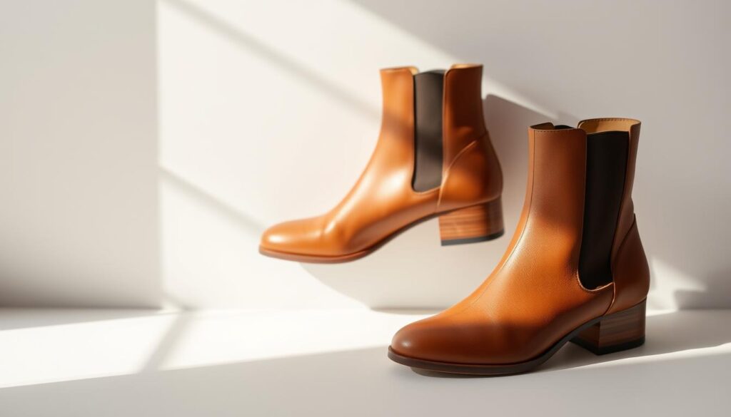 A stylish pair of Jeeini women's boots, crafted with premium leather and featuring a sleek, minimalist design. The boots have a low heel and a rounded toe, creating a comfortable and versatile silhouette. The rich, chestnut-brown color of the leather adds a touch of sophistication, while the clean lines and streamlined profile convey a modern, elegant aesthetic. The boots are placed against a softly-lit, neutral background, allowing the craftsmanship and materials to take center stage. Gentle shadows and highlights accentuate the leather's natural texture and shine, creating a sense of depth and dimension. The overall mood is one of refined simplicity, highlighting the quality and style of these Jeeini women's boots. A stylish pair of Jeeini women's boots, crafted with premium leather and featuring a sleek, minimalist design. The boots have a low heel and a rounded toe, creating a comfortable and versatile silhouette. The rich, chestnut-brown color of the leather adds a touch of sophistication, while the clean lines and streamlined profile convey a modern, elegant aesthetic. The boots are placed against a softly-lit, neutral background, allowing the craftsmanship and materials to take center stage. Gentle shadows and highlights accentuate the leather's natural texture and shine, creating a sense of depth and dimension. The overall mood is one of refined simplicity, highlighting the quality and style of these Jeeini women's boots.