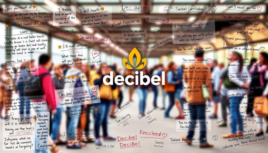 A vibrant collage showcasing a diverse array of customer reviews for Decibel footwear. In the foreground, a collection of handwritten notes, stars, and emotive icons convey the range of opinions, from glowing praise to minor critiques. The middle ground features a stylized representation of the Decibel brand logo, cast in a warm, earthy tone that evokes the company's commitment to quality and sustainability. In the background, a softly blurred panorama of people going about their daily lives, highlighting how Decibel's products are integrated into the everyday experiences of their loyal customer base. The overall composition strikes a balance between the objective and subjective, inviting the viewer to explore the nuanced perspectives surrounding this popular Polish footwear brand.