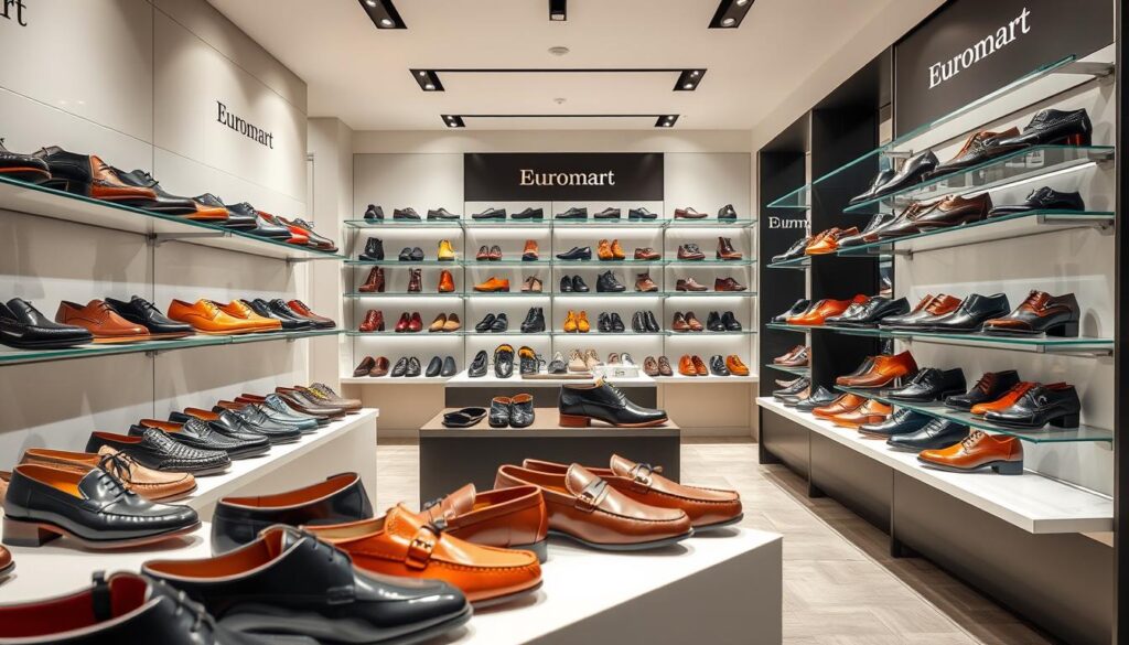 A vibrant display of Euromart's shoe offerings, captured in a well-lit, modern retail setting. The foreground showcases an array of stylish, high-quality leather and suede shoes, neatly arranged on sleek, minimalist shelves. The middle ground features a mix of casual and formal footwear, including loafers, oxfords, and ankle boots, all presented in a visually appealing manner. The background subtly hints at the store's sophisticated ambiance, with clean lines, neutral tones, and subtle branding elements that reinforce the brand's premium image. The overall composition conveys a sense of professionalism, attention to detail, and a diverse, high-caliber selection of Euromart's renowned footwear. A vibrant display of Euromart's shoe offerings, captured in a well-lit, modern retail setting. The foreground showcases an array of stylish, high-quality leather and suede shoes, neatly arranged on sleek, minimalist shelves. The middle ground features a mix of casual and formal footwear, including loafers, oxfords, and ankle boots, all presented in a visually appealing manner. The background subtly hints at the store's sophisticated ambiance, with clean lines, neutral tones, and subtle branding elements that reinforce the brand's premium image. The overall composition conveys a sense of professionalism, attention to detail, and a diverse, high-caliber selection of Euromart's renowned footwear.