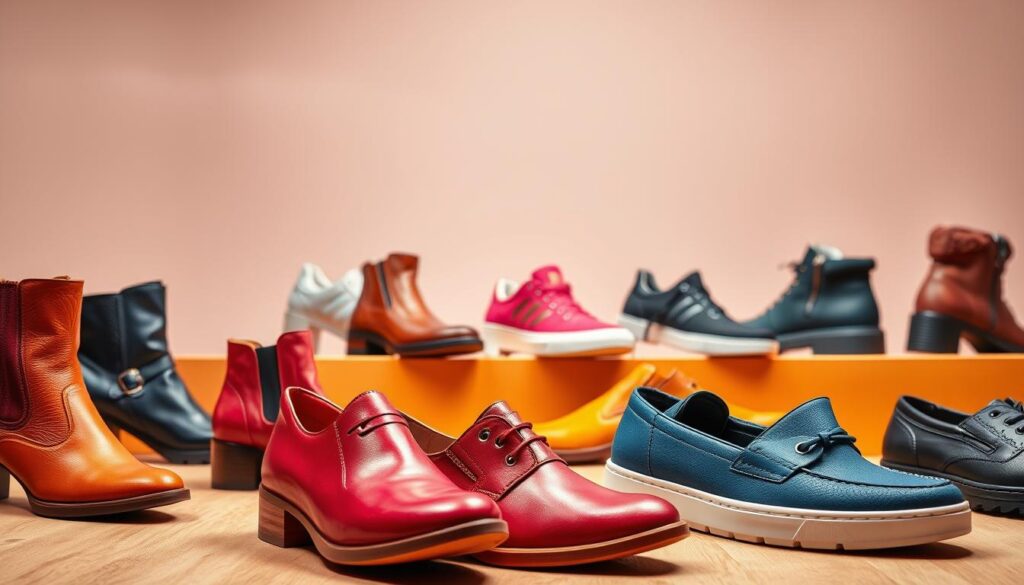 A vibrant display of Kinetix women's shoes, captured in a warm, inviting studio setting. In the foreground, a variety of stylish, modern silhouettes in rich, saturated colors - sleek leather ankle boots, sporty sneakers, and chic loafers. The middle ground showcases the intricate details and craftsmanship, emphasizing the quality and durability of the Kinetix brand. The background features a clean, minimalist backdrop, allowing the shoes to take center stage and creating a sense of focus and elegance. Soft, diffused lighting casts a gentle glow, highlighting the textures and materials. The overall composition conveys the versatility, comfort, and contemporary appeal of the Kinetix women's shoe collection. A vibrant display of Kinetix women's shoes, captured in a warm, inviting studio setting. In the foreground, a variety of stylish, modern silhouettes in rich, saturated colors - sleek leather ankle boots, sporty sneakers, and chic loafers. The middle ground showcases the intricate details and craftsmanship, emphasizing the quality and durability of the Kinetix brand. The background features a clean, minimalist backdrop, allowing the shoes to take center stage and creating a sense of focus and elegance. Soft, diffused lighting casts a gentle glow, highlighting the textures and materials. The overall composition conveys the versatility, comfort, and contemporary appeal of the Kinetix women's shoe collection.