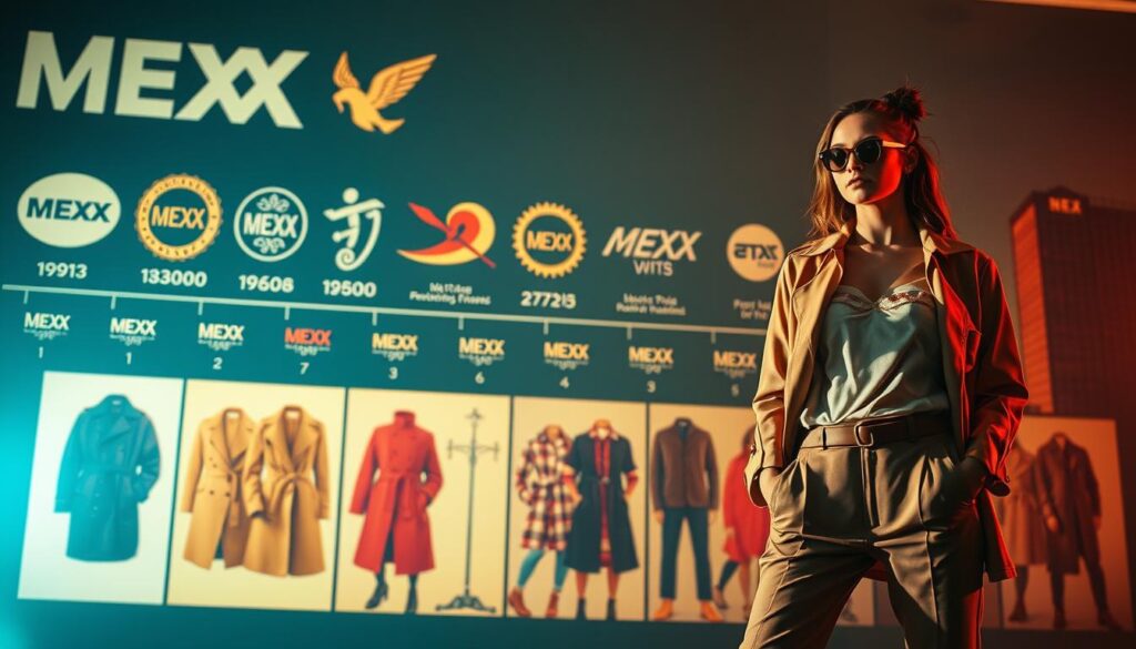 A vibrant, retro-inspired image depicting the evolution of the iconic MEXX brand. In the foreground, a fashion-forward model stands tall, wearing a chic, contemporary MEXX outfit. Behind them, a timeline of MEXX logos and apparel designs unfold, showcasing the brand's transformation over the decades, from its humble beginnings to its modern, global presence. The middle ground features a collage of iconic MEXX fashion pieces, from classic trench coats to playful prints, all bathed in warm, nostalgic lighting. In the background, a stylized cityscape emerges, hinting at MEXX's international expansion and cosmopolitan appeal. The overall composition conveys a sense of timeless style, innovation, and the rich heritage of this beloved apparel brand.
