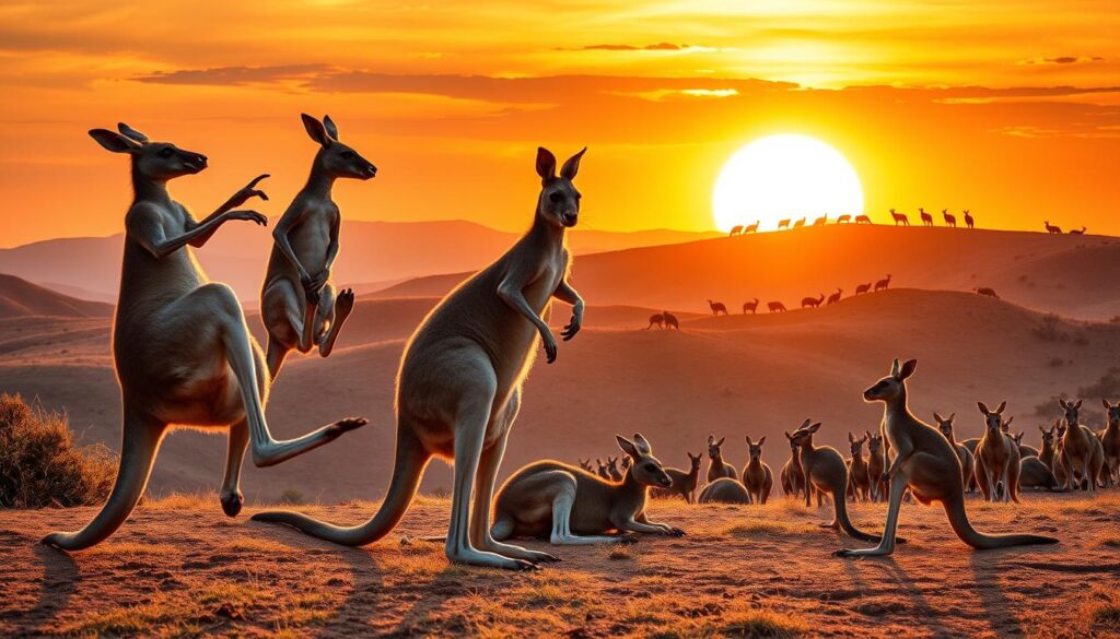 A vibrant tableau of kangaroos set against a backdrop of rolling hills and a warm sunset sky. In the foreground, a pair of athletic kangaroos engaged in a playful dance, their powerful hind legs and expressive faces capturing the essence of the KangaROOS brand. The middle ground features a group of kangaroos resting and grazing, their distinctive markings and muscular builds showcasing the evolution of the brand's iconic design. In the distance, a herd of kangaroos silhouetted against the radiant horizon, symbolizing the changes and adaptations the KangaROOS brand has undergone over time. The scene is bathed in a warm, golden light, conveying a sense of nostalgia and the timeless appeal of this well-known footwear company.