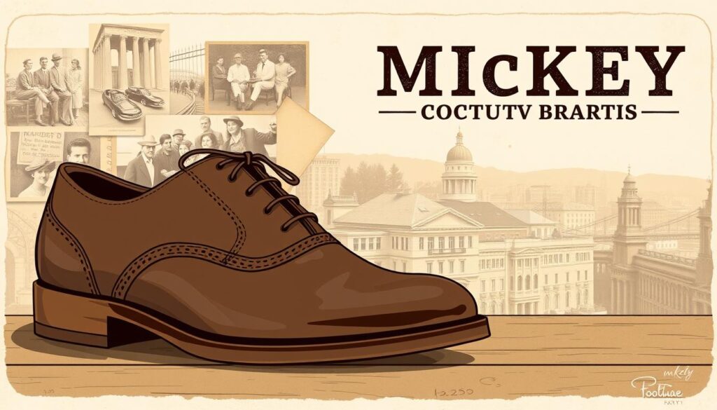 A vintage-inspired illustration depicting the history of the Mckey footwear brand. In the foreground, a pair of classic Mckey leather oxfords takes center stage, their timeless design evoking the brand's heritage. In the middle ground, a collage of archival product images and historical photographs chronicles the evolution of Mckey's iconic styles over the decades. The background features a soft, sepia-toned cityscape, hinting at the brand's humble origins and gradual expansion. The overall atmosphere conveys a sense of nostalgia and storytelling, inviting the viewer to explore the rich history of this enduring footwear label. A vintage-inspired illustration depicting the history of the Mckey footwear brand. In the foreground, a pair of classic Mckey leather oxfords takes center stage, their timeless design evoking the brand's heritage. In the middle ground, a collage of archival product images and historical photographs chronicles the evolution of Mckey's iconic styles over the decades. The background features a soft, sepia-toned cityscape, hinting at the brand's humble origins and gradual expansion. The overall atmosphere conveys a sense of nostalgia and storytelling, inviting the viewer to explore the rich history of this enduring footwear label.