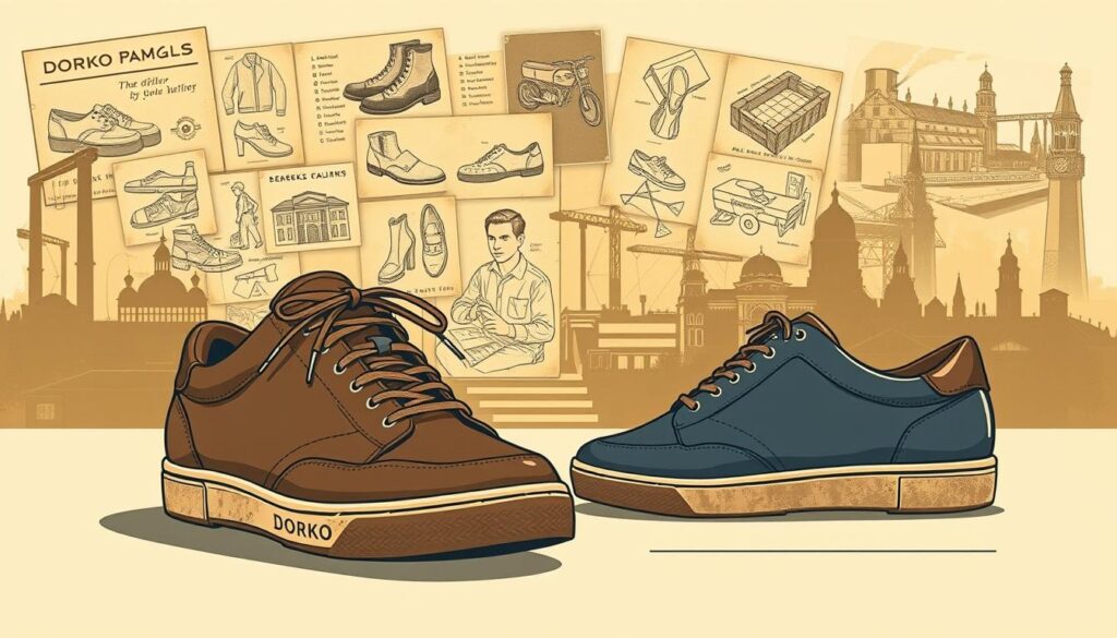 A vintage-inspired illustration showcasing the history of the Dorko brand. In the foreground, a pair of classic Dorko sneakers stands prominently, their worn leather and rubber soles reflecting the brand's heritage. The mid-ground features a collage of archival product designs, sketches, and manufacturing scenes, capturing the evolution of Dorko's iconic styles over the decades. In the background, a warm-toned, sepia-tinted cityscape evokes the brand's origins, with silhouettes of factory buildings and cityscape elements. The overall mood is one of nostalgic reverence, paying homage to Dorko's rich history as a beloved Polish footwear manufacturer. A vintage-inspired illustration showcasing the history of the Dorko brand. In the foreground, a pair of classic Dorko sneakers stands prominently, their worn leather and rubber soles reflecting the brand's heritage. The mid-ground features a collage of archival product designs, sketches, and manufacturing scenes, capturing the evolution of Dorko's iconic styles over the decades. In the background, a warm-toned, sepia-tinted cityscape evokes the brand's origins, with silhouettes of factory buildings and cityscape elements. The overall mood is one of nostalgic reverence, paying homage to Dorko's rich history as a beloved Polish footwear manufacturer.