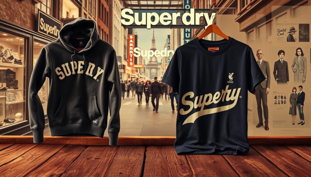 A vintage-inspired scene depicting the history of the Superdry brand. In the foreground, a classic Superdry hoodie and t-shirt are displayed on a weathered wooden surface, evocative of the brand's origins. The middle ground showcases a bustling urban environment, with neon signs and storefront displays hinting at the brand's evolution and global expansion. In the background, a montage of archival imagery and fashion sketches chronicles Superdry's journey, surrounded by a warm, sepia-toned lighting that conveys a sense of nostalgia and heritage. The overall composition captures the brand's blend of vintage aesthetics and contemporary style, reflecting its enduring appeal and storied history.