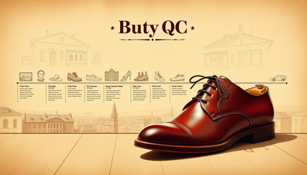 A vintage-style illustration depicting the history of the Buty QC brand. In the foreground, a pair of well-crafted leather shoes takes center stage, showcasing the brand's commitment to quality craftsmanship. The middle ground features a timeline tracing the brand's origins, key milestones, and evolution over the decades, represented by nostalgic sketches and sepia-toned photographs. In the background, a warm, sepia-toned cityscape sets the scene, evoking a sense of timeless tradition and heritage. The overall atmosphere is one of sophistication, attention to detail, and a deep-rooted dedication to the art of shoemaking. A vintage-style illustration depicting the history of the Buty QC brand. In the foreground, a pair of well-crafted leather shoes takes center stage, showcasing the brand's commitment to quality craftsmanship. The middle ground features a timeline tracing the brand's origins, key milestones, and evolution over the decades, represented by nostalgic sketches and sepia-toned photographs. In the background, a warm, sepia-toned cityscape sets the scene, evoking a sense of timeless tradition and heritage. The overall atmosphere is one of sophistication, attention to detail, and a deep-rooted dedication to the art of shoemaking.