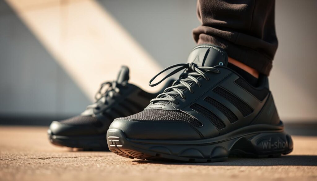 A well-lit, detailed close-up shot of a pair of Wishot brand sneakers, showcasing their sleek design and high-quality construction. The shoes are positioned in the foreground, captured from a slightly angled perspective to emphasize their clean lines and bold, modern aesthetic. The middle ground features a subtly blurred, minimalist background, allowing the footwear to be the focal point. Warm, natural lighting casts gentle shadows, accentuating the textural elements and materials used, such as premium leather, breathable mesh, and sturdy rubber soles. The overall mood is one of sophisticated style and confidence, reflecting the brand's reputation for producing high-performance, stylish athletic footwear. A well-lit, detailed close-up shot of a pair of Wishot brand sneakers, showcasing their sleek design and high-quality construction. The shoes are positioned in the foreground, captured from a slightly angled perspective to emphasize their clean lines and bold, modern aesthetic. The middle ground features a subtly blurred, minimalist background, allowing the footwear to be the focal point. Warm, natural lighting casts gentle shadows, accentuating the textural elements and materials used, such as premium leather, breathable mesh, and sturdy rubber soles. The overall mood is one of sophisticated style and confidence, reflecting the brand's reputation for producing high-performance, stylish athletic footwear.