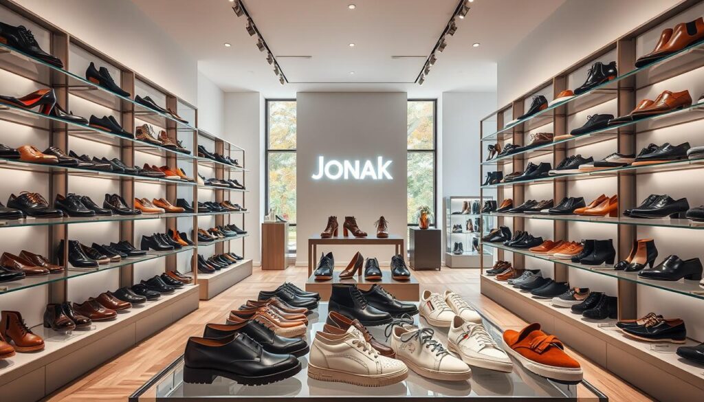 A well-lit, detailed showcase of an assortment of Jonak shoes in a modern, upscale retail setting. The foreground features an array of diverse shoe styles, including elegant leather pumps, sleek ankle boots, casual loafers, and stylish sneakers, all arranged neatly on chic display shelves. The middle ground showcases the Jonak brand name and logo prominently, lending an air of sophistication. The background depicts a minimalist, contemporary interior with clean lines, neutral tones, and large windows allowing natural light to flood the space, creating a bright, airy atmosphere. The overall composition and lighting emphasize the high-quality craftsmanship and diverse range of the Jonak footwear collection.
