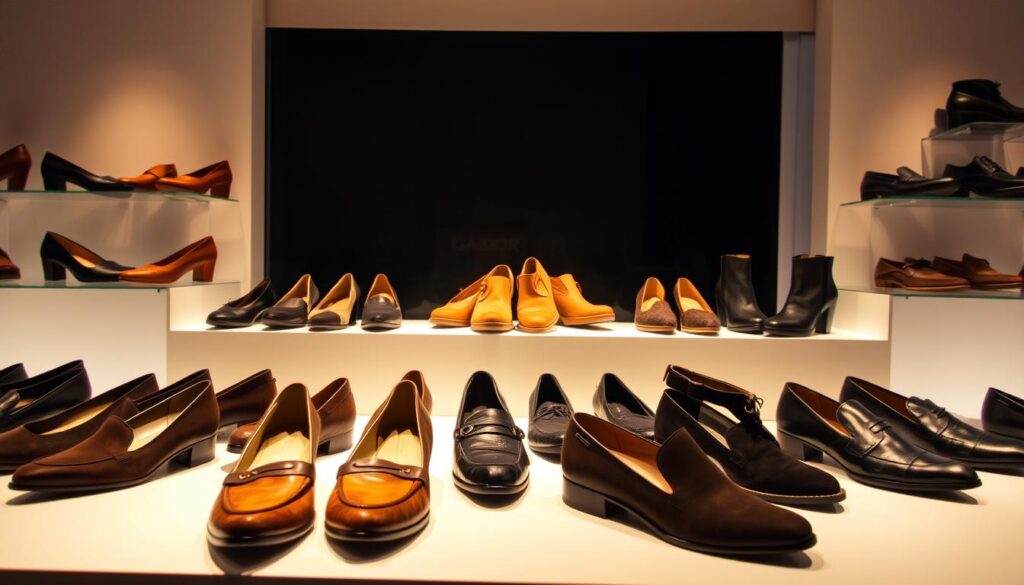 A well-lit display of Gabor shoes, showcasing their diverse and stylish collection. The foreground features a variety of Gabor's signature leather and suede designs, including classic pumps, loafers, and ankle boots, all arranged in an inviting and visually appealing manner. The middle ground depicts the shoes set against a clean, minimalist background, allowing the craftsmanship and materials to take center stage. The lighting is soft and diffused, creating a warm, high-end ambiance that accentuates the premium quality of the Gabor brand. The overall composition conveys a sense of sophistication, attention to detail, and the wide array of options available to the modern consumer.