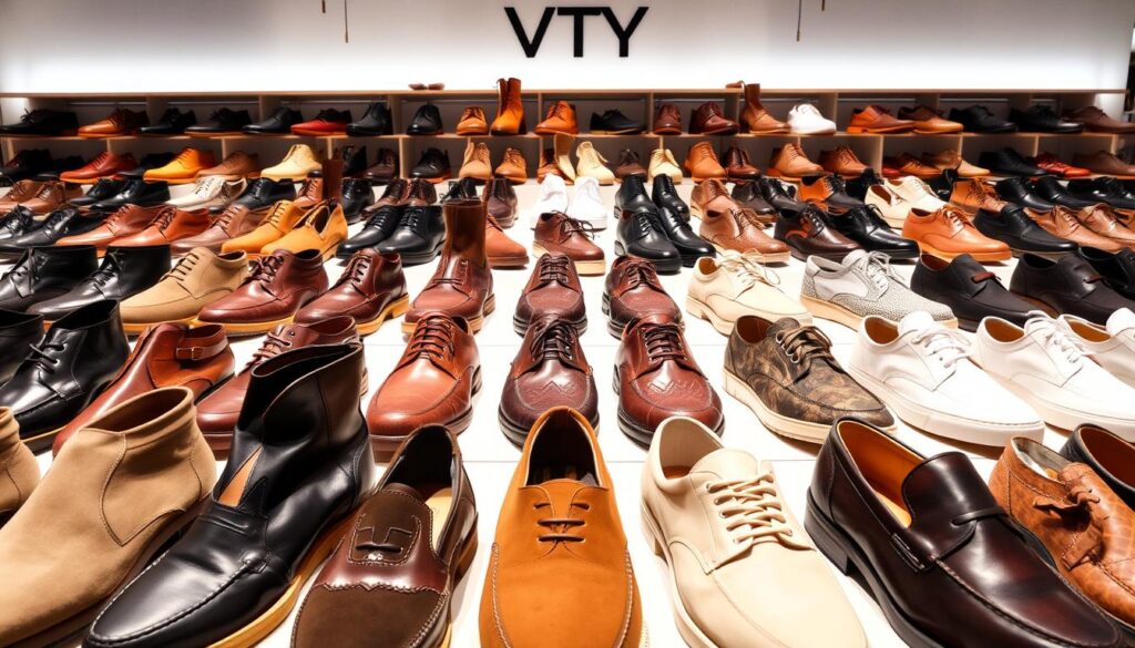 A well-lit display of a diverse collection of VTY brand shoes, showcasing their sleek and stylish designs. The foreground features a variety of leather and suede boots, loafers, and sneakers in neutral tones, arranged in an eye-catching manner. The middle ground highlights the brand's emphasis on quality craftsmanship, with close-up shots of intricate stitching and sturdy soles. The background suggests a modern, minimalist retail setting, allowing the shoes to take center stage. The overall mood is one of sophistication and attention to detail, reflecting the VTY brand's commitment to creating high-quality, fashionable footwear. A well-lit display of a diverse collection of VTY brand shoes, showcasing their sleek and stylish designs. The foreground features a variety of leather and suede boots, loafers, and sneakers in neutral tones, arranged in an eye-catching manner. The middle ground highlights the brand's emphasis on quality craftsmanship, with close-up shots of intricate stitching and sturdy soles. The background suggests a modern, minimalist retail setting, allowing the shoes to take center stage. The overall mood is one of sophistication and attention to detail, reflecting the VTY brand's commitment to creating high-quality, fashionable footwear.