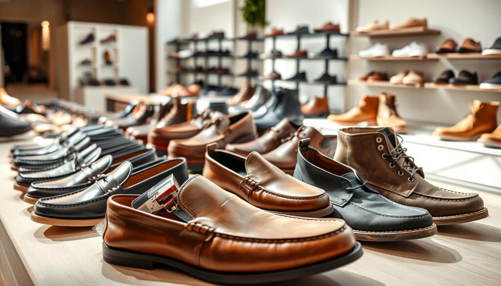 A well-lit, high-quality display of Pavement's diverse shoe collection, showcasing a range of styles, from sleek leather loafers to rugged outdoor boots. The foreground features a selection of meticulously crafted footwear, arranged in an aesthetically pleasing manner, inviting the viewer to explore the brand's offerings. The middle ground showcases the shoes in natural lighting, emphasizing their quality, texture, and attention to detail. The background subtly suggests an upscale retail environment, with clean, minimalist decor that complements the sophisticated nature of the Pavement brand. The overall impression conveys a sense of luxurious comfort and timeless style, consistent with the ethos of the Pavement label.