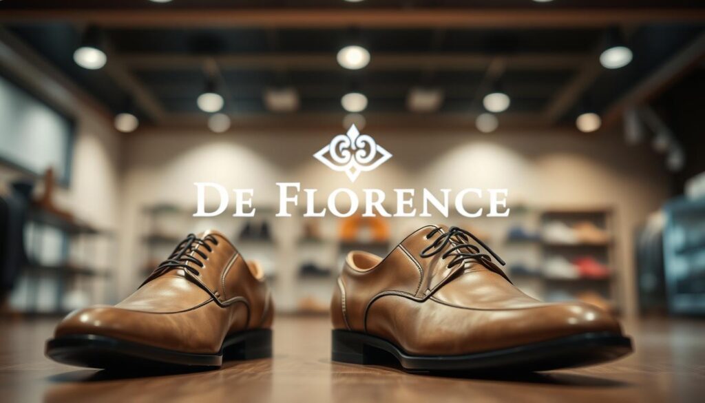 A well-lit, high-quality image showcasing the De Florence brand of shoes. In the foreground, a pair of stylish, leather dress shoes in a neutral color take center stage, showcasing their sleek design and quality craftsmanship. The middle ground features the De Florence logo and brand name prominently displayed, conveying a sense of prestige and attention to detail. The background is a soft, blurred environment, allowing the shoes and branding to be the focal point. The overall mood is one of sophistication, elegance, and a commitment to high-end, premium footwear.