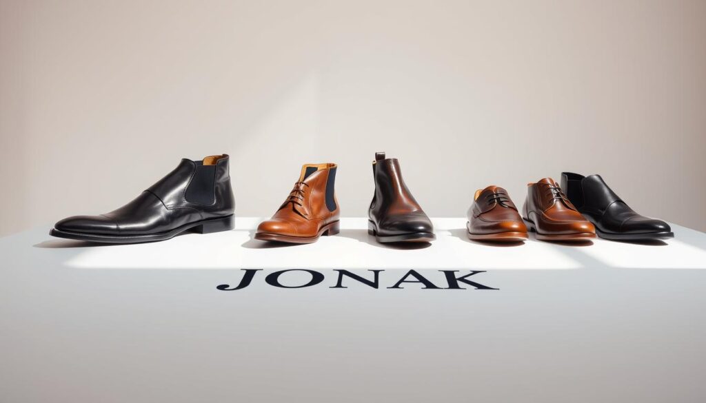 A well-lit, high-quality photograph of the Jonak shoe brand logo and product display against a clean, minimal background. The logo is prominently featured in the foreground, with a selection of leather dress shoes, ankle boots, and loafers arranged neatly in the middle ground. The background is a soft, neutral color, allowing the shoes and branding to be the focal point. The lighting is natural and diffused, creating an elegant, premium aesthetic. The overall composition is balanced and visually appealing, showcasing the Jonak brand's attention to detail and quality craftsmanship.