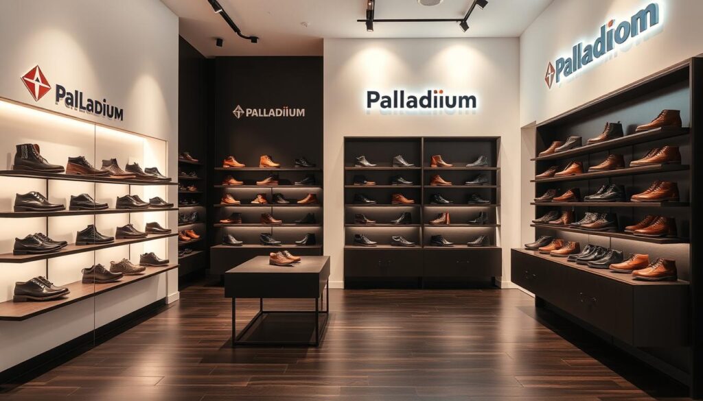 A well-lit, high-resolution photograph of a modern Palladium shoe store interior, featuring a sleek and minimalist design with crisp white walls, dark wood floors, and strategically placed display shelves showcasing the brand's signature leather and canvas boots. The store's branding is prominently visible, with the Palladium logo displayed in a clean, sans-serif font. The lighting is warm and inviting, creating a welcoming atmosphere. The scene captures the store's high-end, fashionable aesthetic, catering to a discerning clientele seeking stylish and durable footwear. A well-lit, high-resolution photograph of a modern Palladium shoe store interior, featuring a sleek and minimalist design with crisp white walls, dark wood floors, and strategically placed display shelves showcasing the brand's signature leather and canvas boots. The store's branding is prominently visible, with the Palladium logo displayed in a clean, sans-serif font. The lighting is warm and inviting, creating a welcoming atmosphere. The scene captures the store's high-end, fashionable aesthetic, catering to a discerning clientele seeking stylish and durable footwear.