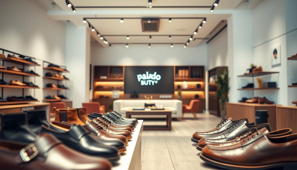 A well-lit, high-resolution photograph of the interior of a modern, minimalist online shoe store called Palado Buty. The foreground features a clean, organized display of various stylish leather shoes in different colors and designs, with close-up shots highlighting the quality of the craftsmanship. The middle ground showcases the store's sleek, contemporary furnishings and fixtures, creating a warm, inviting atmosphere. The background gently blurs into the distance, revealing subtle branding elements like the Palado Buty logo and tasteful decor that reinforces the brand's premium, sophisticated aesthetic. The lighting is soft and diffused, accentuating the natural textures and materials used throughout the space. A well-lit, high-resolution photograph of the interior of a modern, minimalist online shoe store called Palado Buty. The foreground features a clean, organized display of various stylish leather shoes in different colors and designs, with close-up shots highlighting the quality of the craftsmanship. The middle ground showcases the store's sleek, contemporary furnishings and fixtures, creating a warm, inviting atmosphere. The background gently blurs into the distance, revealing subtle branding elements like the Palado Buty logo and tasteful decor that reinforces the brand's premium, sophisticated aesthetic. The lighting is soft and diffused, accentuating the natural textures and materials used throughout the space.