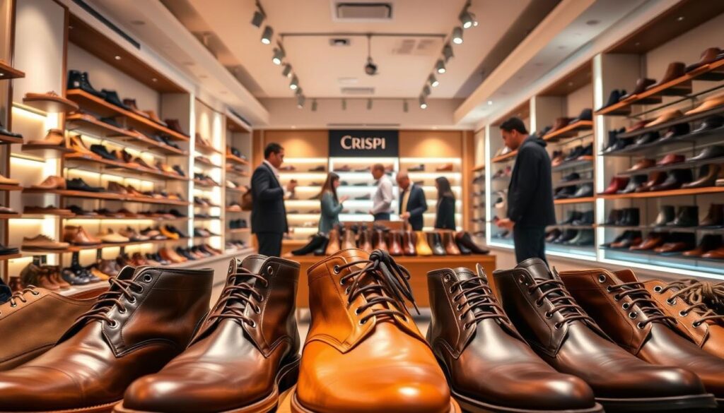A well-lit, spacious interior showcasing a diverse array of high-quality Crispi shoes. The foreground features a prominent display of the latest Crispi boot designs, their rich leather textures and sturdy construction evident. In the middle ground, customers browse through the selection, examining the shoes with care. The background reveals well-organized shelves and displays, creating a sense of professionalism and attention to detail. Soft, warm lighting illuminates the scene, casting a cozy, inviting atmosphere. The overall impression is one of a premium, specialized Crispi footwear store, catering to discerning customers who appreciate exceptional craftsmanship and style. A well-lit, spacious interior showcasing a diverse array of high-quality Crispi shoes. The foreground features a prominent display of the latest Crispi boot designs, their rich leather textures and sturdy construction evident. In the middle ground, customers browse through the selection, examining the shoes with care. The background reveals well-organized shelves and displays, creating a sense of professionalism and attention to detail. Soft, warm lighting illuminates the scene, casting a cozy, inviting atmosphere. The overall impression is one of a premium, specialized Crispi footwear store, catering to discerning customers who appreciate exceptional craftsmanship and style.