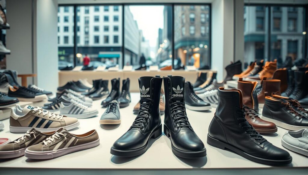 A well-lit storefront display showcasing a diverse collection of Kappa sneakers and boots. The foreground features a central pair of sleek, black Kappa boots with the iconic branded trefoil logo prominently displayed. Surrounding them are various Kappa footwear styles, including low-top canvas shoes, high-top leather boots, and athletic-inspired designs, all arranged in a visually appealing, symmetrical layout. The middle ground depicts a clean, minimalist interior with white walls and subtle lighting, allowing the footwear to take center stage. The background suggests an urban setting, with blurred city buildings and a hint of a bustling street scene visible through large display windows, creating a sense of context and lifestyle. The overall mood is one of modern, fashionable appeal, showcasing the diverse and high-quality Kappa footwear collection. A well-lit storefront display showcasing a diverse collection of Kappa sneakers and boots. The foreground features a central pair of sleek, black Kappa boots with the iconic branded trefoil logo prominently displayed. Surrounding them are various Kappa footwear styles, including low-top canvas shoes, high-top leather boots, and athletic-inspired designs, all arranged in a visually appealing, symmetrical layout. The middle ground depicts a clean, minimalist interior with white walls and subtle lighting, allowing the footwear to take center stage. The background suggests an urban setting, with blurred city buildings and a hint of a bustling street scene visible through large display windows, creating a sense of context and lifestyle. The overall mood is one of modern, fashionable appeal, showcasing the diverse and high-quality Kappa footwear collection.