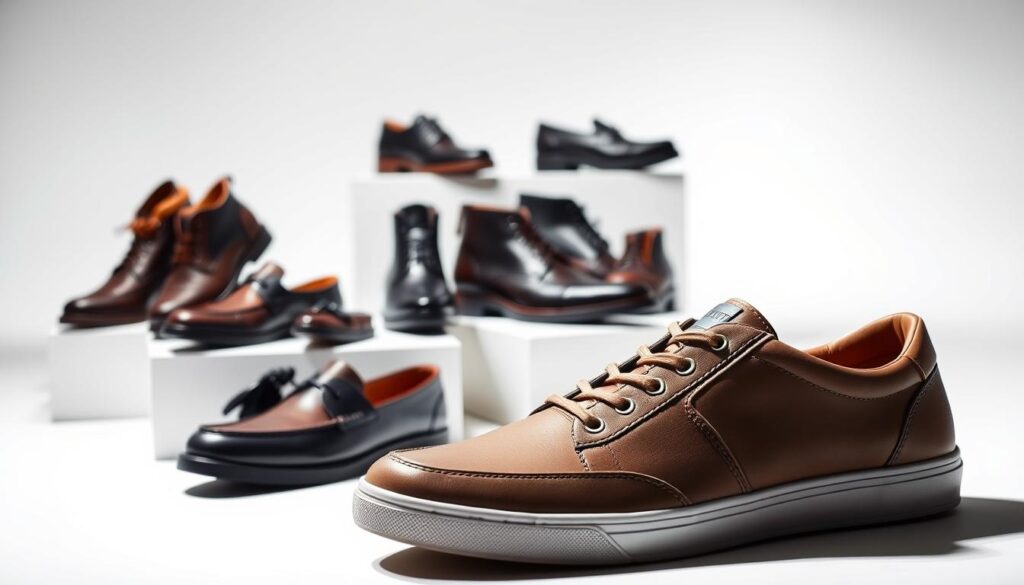 A well-lit studio setting showcasing a stylish collection of men's Kinetix shoes. In the foreground, a pair of sleek, leather Kinetix sneakers in a neutral tone, their clean lines and subtle branding highlighted by dramatic side lighting. In the middle ground, additional Kinetix shoes in a variety of contemporary styles - loafers, oxfords, and boots - arrayed on a minimalist display. The background features a crisp, white backdrop, creating a sense of elegance and focus on the product. The overall mood is one of modern sophistication, highlighting the quality and design of the Kinetix men's footwear line. A well-lit studio setting showcasing a stylish collection of men's Kinetix shoes. In the foreground, a pair of sleek, leather Kinetix sneakers in a neutral tone, their clean lines and subtle branding highlighted by dramatic side lighting. In the middle ground, additional Kinetix shoes in a variety of contemporary styles - loafers, oxfords, and boots - arrayed on a minimalist display. The background features a crisp, white backdrop, creating a sense of elegance and focus on the product. The overall mood is one of modern sophistication, highlighting the quality and design of the Kinetix men's footwear line.