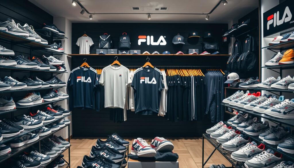 A wide assortment of Fila products displayed in a well-lit, modern retail setting. In the foreground, various Fila sneakers and athletic shoes are arranged neatly on shelves, showcasing the brand's diverse styles and silhouettes. In the middle ground, Fila apparel such as t-shirts, hoodies, and tracksuit bottoms are presented on hangers, highlighting the breadth of the sportswear collection. The background features Fila branded accessories like backpacks, duffle bags, and hats, creating a comprehensive visual representation of the brand's extensive product range. The overall scene conveys a sense of premium quality, active lifestyle, and attention to detail that Fila is known for. A wide assortment of Fila products displayed in a well-lit, modern retail setting. In the foreground, various Fila sneakers and athletic shoes are arranged neatly on shelves, showcasing the brand's diverse styles and silhouettes. In the middle ground, Fila apparel such as t-shirts, hoodies, and tracksuit bottoms are presented on hangers, highlighting the breadth of the sportswear collection. The background features Fila branded accessories like backpacks, duffle bags, and hats, creating a comprehensive visual representation of the brand's extensive product range. The overall scene conveys a sense of premium quality, active lifestyle, and attention to detail that Fila is known for.