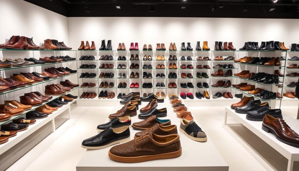 An extensive display of Salamander footwear, showcased in a well-lit, modern retail environment. The foreground features a diverse array of leather boots, loafers, and dress shoes in various styles and colors, arranged neatly on sleek, minimalist shelves. The middle ground highlights a selection of casual sneakers and sandals, with a focus on the brand's signature silhouettes and materials. In the background, a crisp, white wall serves as a clean backdrop, accentuating the products' craftsmanship and attention to detail. The overall scene conveys a sense of quality, sophistication, and the breadth of the Salamander brand's offerings. An extensive display of Salamander footwear, showcased in a well-lit, modern retail environment. The foreground features a diverse array of leather boots, loafers, and dress shoes in various styles and colors, arranged neatly on sleek, minimalist shelves. The middle ground highlights a selection of casual sneakers and sandals, with a focus on the brand's signature silhouettes and materials. In the background, a crisp, white wall serves as a clean backdrop, accentuating the products' craftsmanship and attention to detail. The overall scene conveys a sense of quality, sophistication, and the breadth of the Salamander brand's offerings.