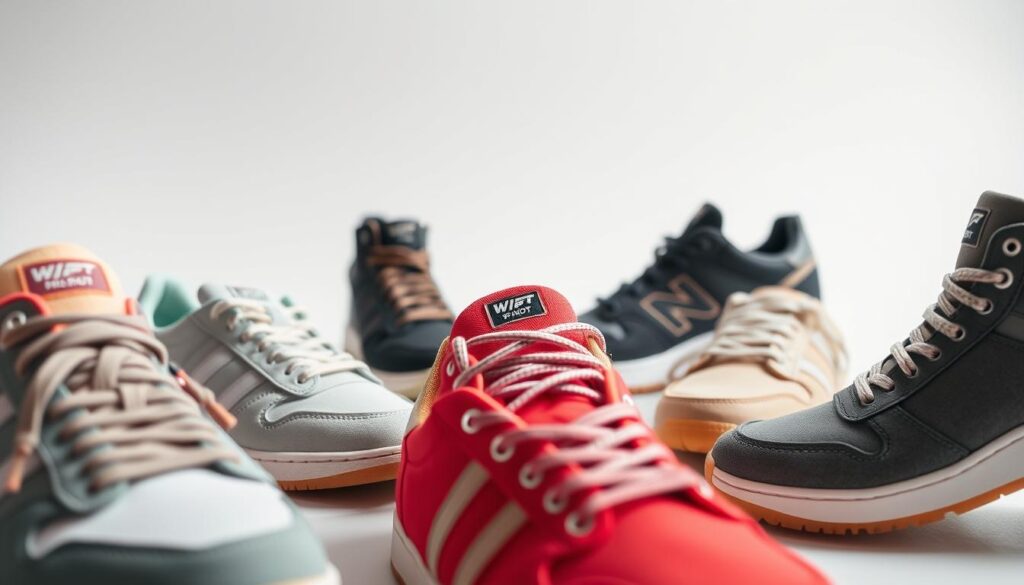 High-quality, detailed close-up photograph of a group of Wishot brand sneakers in a variety of colors and styles, shot from a slightly low angle against a clean, minimalist white background with soft, natural lighting. The sneakers are arranged in a slightly asymmetrical, visually interesting composition, showcasing their unique design features, materials, and construction. The image conveys a sense of quality, durability, and modern, trendy style that would appeal to the target audience of the article. High-quality, detailed close-up photograph of a group of Wishot brand sneakers in a variety of colors and styles, shot from a slightly low angle against a clean, minimalist white background with soft, natural lighting. The sneakers are arranged in a slightly asymmetrical, visually interesting composition, showcasing their unique design features, materials, and construction. The image conveys a sense of quality, durability, and modern, trendy style that would appeal to the target audience of the article.