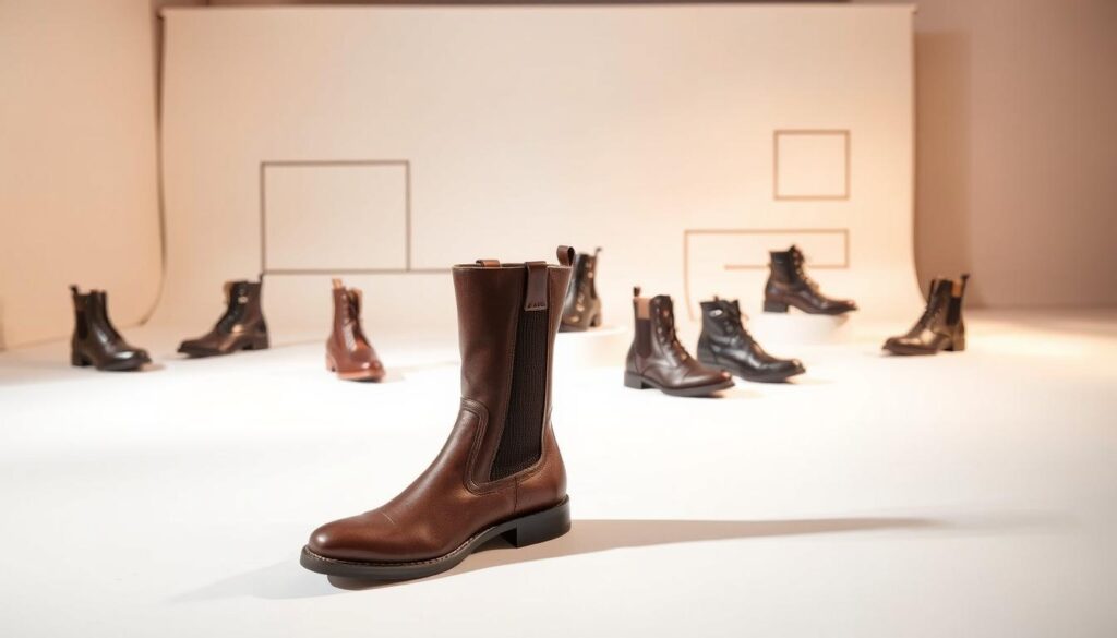 Stylish and innovative Salamander boots displayed in a well-lit, modern studio setting. In the foreground, a pair of sleek, leather boots in a rich, chocolatey brown hue, showcasing the brand's signature craftsmanship and attention to detail. In the middle ground, various Salamander boot models in different colors and styles, arranged artfully to highlight the brand's diverse product range. In the background, a clean, minimalist backdrop featuring simple geometric shapes and patterns, creating a sense of sophistication and elegance. Diffused, warm lighting casts a soft, inviting glow over the scene, emphasizing the high-quality materials and premium design of the Salamander brand. Stylish and innovative Salamander boots displayed in a well-lit, modern studio setting. In the foreground, a pair of sleek, leather boots in a rich, chocolatey brown hue, showcasing the brand's signature craftsmanship and attention to detail. In the middle ground, various Salamander boot models in different colors and styles, arranged artfully to highlight the brand's diverse product range. In the background, a clean, minimalist backdrop featuring simple geometric shapes and patterns, creating a sense of sophistication and elegance. Diffused, warm lighting casts a soft, inviting glow over the scene, emphasizing the high-quality materials and premium design of the Salamander brand.