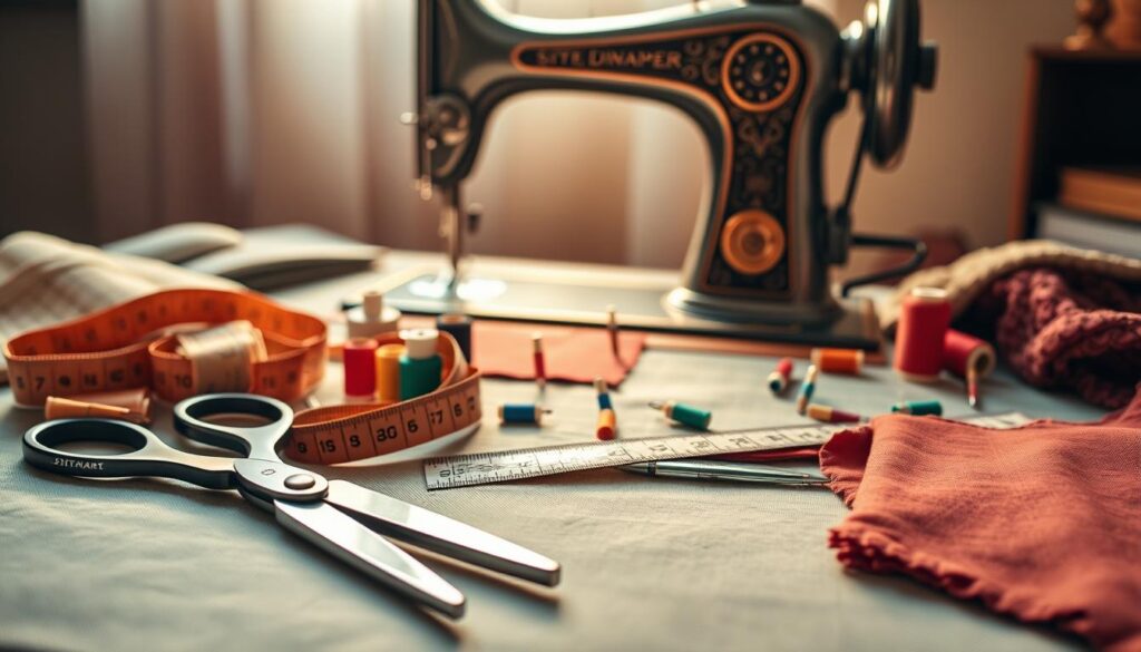 A beautifully arranged collection of sewing tools and materials meant for altering a dress. In the foreground, showcase a sharp pair of fabric scissors, a measuring tape laid out in a graceful curve, and a few colorful spools of thread in varying sizes. In the middle ground, display a cutting mat with neatly pinned fabric swatches, highlighting rich textures and patterns. The background should include an antique sewing machine softly illuminated by warm, natural light, creating an inviting workspace atmosphere. The setting should convey a cozy, creative vibe, with the light casting gentle shadows to enhance the details. Focus on a shallow depth of field to emphasize the tools while softly blurring the background. A beautifully arranged collection of sewing tools and materials meant for altering a dress. In the foreground, showcase a sharp pair of fabric scissors, a measuring tape laid out in a graceful curve, and a few colorful spools of thread in varying sizes. In the middle ground, display a cutting mat with neatly pinned fabric swatches, highlighting rich textures and patterns. The background should include an antique sewing machine softly illuminated by warm, natural light, creating an inviting workspace atmosphere. The setting should convey a cozy, creative vibe, with the light casting gentle shadows to enhance the details. Focus on a shallow depth of field to emphasize the tools while softly blurring the background.