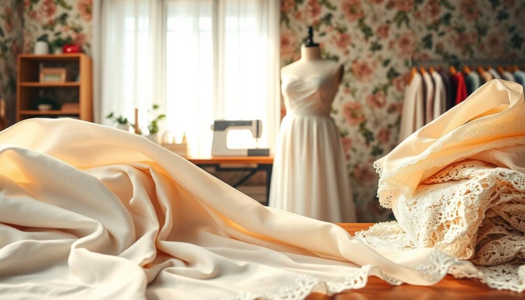 A beautifully arranged display of various dress fabrics showcasing elegance and comfort, emphasizing the concept of "materiał sukienek". In the foreground, luxurious fabrics such as soft cotton, flowing chiffon, and delicate lace are draped artistically over a wooden table, highlighting their textures and colors. The middle ground features a well-lit sewing area with sewing tools and a mannequin wearing a sample dress to demonstrate the fabrics in use, with natural light streaming in from a nearby window, creating warm, inviting shadows. In the background, a soft, blurred floral wallpaper adds a touch of elegance and a serene ambiance. The overall mood is classy yet cozy, embodying the essence of comfort and style for dress choices.