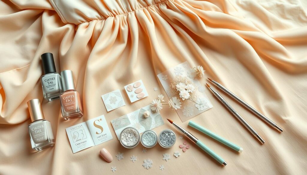 A beautifully arranged flat lay of nail art accessories that complement a beige dress. In the foreground, feature elegant nail polish bottles in soft pastels and earth tones—creamy beige, soft pink, and muted green. Include intricate nail decals such as delicate florals and geometric shapes. In the middle ground, lay shimmering glitter pots and tools like dotting pens and brushes artistically scattered. The background should have a soft, blurred texture resembling a luxurious fabric, enhancing the overall color palette. Soft, natural lighting creates a serene atmosphere, highlighting the glossy finishes of the nail products. The angle should be slightly above to capture the details, making it inviting and aesthetically pleasing. A beautifully arranged flat lay of nail art accessories that complement a beige dress. In the foreground, feature elegant nail polish bottles in soft pastels and earth tones—creamy beige, soft pink, and muted green. Include intricate nail decals such as delicate florals and geometric shapes. In the middle ground, lay shimmering glitter pots and tools like dotting pens and brushes artistically scattered. The background should have a soft, blurred texture resembling a luxurious fabric, enhancing the overall color palette. Soft, natural lighting creates a serene atmosphere, highlighting the glossy finishes of the nail products. The angle should be slightly above to capture the details, making it inviting and aesthetically pleasing.