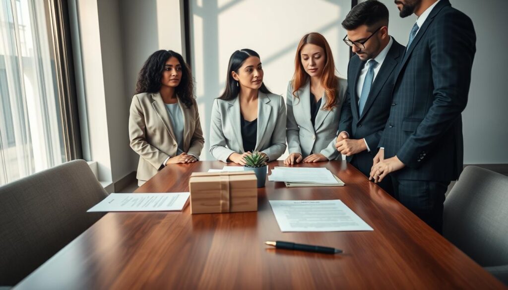 A beautifully arranged scene in a modern office setting, symbolizing civil law and donations in marriage. In the foreground, a diverse group of three professionals—two men and one woman—dressed in business attire engaged in a serious discussion over legal documents and a gift box. The woman's expression reflects thoughtful contemplation. In the middle, a polished wooden table is covered with legal papers, a pen, and a small decorative plant. In the background, large windows let in soft, natural light, casting gentle shadows across the room, enhancing the ambiance of professionalism and trust. The overall mood is serious yet collaborative, emphasizing the importance of understanding legal frameworks in matrimonial contexts without any distractions or text present. A beautifully arranged scene in a modern office setting, symbolizing civil law and donations in marriage. In the foreground, a diverse group of three professionals—two men and one woman—dressed in business attire engaged in a serious discussion over legal documents and a gift box. The woman's expression reflects thoughtful contemplation. In the middle, a polished wooden table is covered with legal papers, a pen, and a small decorative plant. In the background, large windows let in soft, natural light, casting gentle shadows across the room, enhancing the ambiance of professionalism and trust. The overall mood is serious yet collaborative, emphasizing the importance of understanding legal frameworks in matrimonial contexts without any distractions or text present.