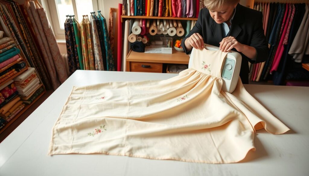 A beautifully tailored dress laid flat against a sewing table, showcasing its side seams. The dress, in a soft pastel color, features delicate floral embroidery that adds a touch of elegance. On one side, a skilled seamstress, dressed in professional attire, is carefully adjusting the fabric with pins, demonstrating the process of letting out the seams. The background displays an inviting sewing studio filled with vibrant fabric rolls, sewing tools, and patterns, all softly illuminated by warm, natural lighting from a nearby window. The atmosphere is one of creativity and focus, highlighting the value of modifying existing garments rather than purchasing new ones, emphasizing sustainability and personal tailoring over consumerism. A beautifully tailored dress laid flat against a sewing table, showcasing its side seams. The dress, in a soft pastel color, features delicate floral embroidery that adds a touch of elegance. On one side, a skilled seamstress, dressed in professional attire, is carefully adjusting the fabric with pins, demonstrating the process of letting out the seams. The background displays an inviting sewing studio filled with vibrant fabric rolls, sewing tools, and patterns, all softly illuminated by warm, natural lighting from a nearby window. The atmosphere is one of creativity and focus, highlighting the value of modifying existing garments rather than purchasing new ones, emphasizing sustainability and personal tailoring over consumerism.