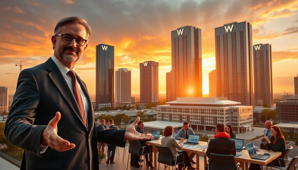 A bustling business district representing the growth of the Wiśniowski empire, set during golden hour with warm, soft lighting. In the foreground, a confident business leader in a tailored suit, gesturing towards a large architectural model of a modern office complex. The middle ground features diverse professionals discussing plans around conference tables, immersed in lively dialogue. In the background, skyscrapers adorned with the Wiśniowski logo tower against a vibrant sunset sky, symbolizing prosperity and ambition. The atmosphere is dynamic and optimistic, highlighting collaboration and innovation in the business sector. The scene captures a moment of strategic planning and forward-thinking, ideal for illustrating corporate success. A bustling business district representing the growth of the Wiśniowski empire, set during golden hour with warm, soft lighting. In the foreground, a confident business leader in a tailored suit, gesturing towards a large architectural model of a modern office complex. The middle ground features diverse professionals discussing plans around conference tables, immersed in lively dialogue. In the background, skyscrapers adorned with the Wiśniowski logo tower against a vibrant sunset sky, symbolizing prosperity and ambition. The atmosphere is dynamic and optimistic, highlighting collaboration and innovation in the business sector. The scene captures a moment of strategic planning and forward-thinking, ideal for illustrating corporate success.