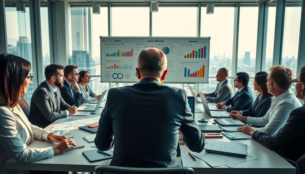 A busy, modern office environment showcasing Janusz Zalewski's entrepreneurial activities. In the foreground, a diverse group of professionals in business attire are engaged in a dynamic brainstorming session around a large conference table, with laptops, charts, and financial documents scattered about. The middle ground features a large whiteboard filled with strategic plans and colorful graphs representing his businesses and sources of income. In the background, large windows let in bright natural light, illuminating the space, while a city skyline can be seen outside. The overall atmosphere is collaborative and focused, emphasizing innovation and success in business ventures. Use soft, professional lighting to enhance the mood.